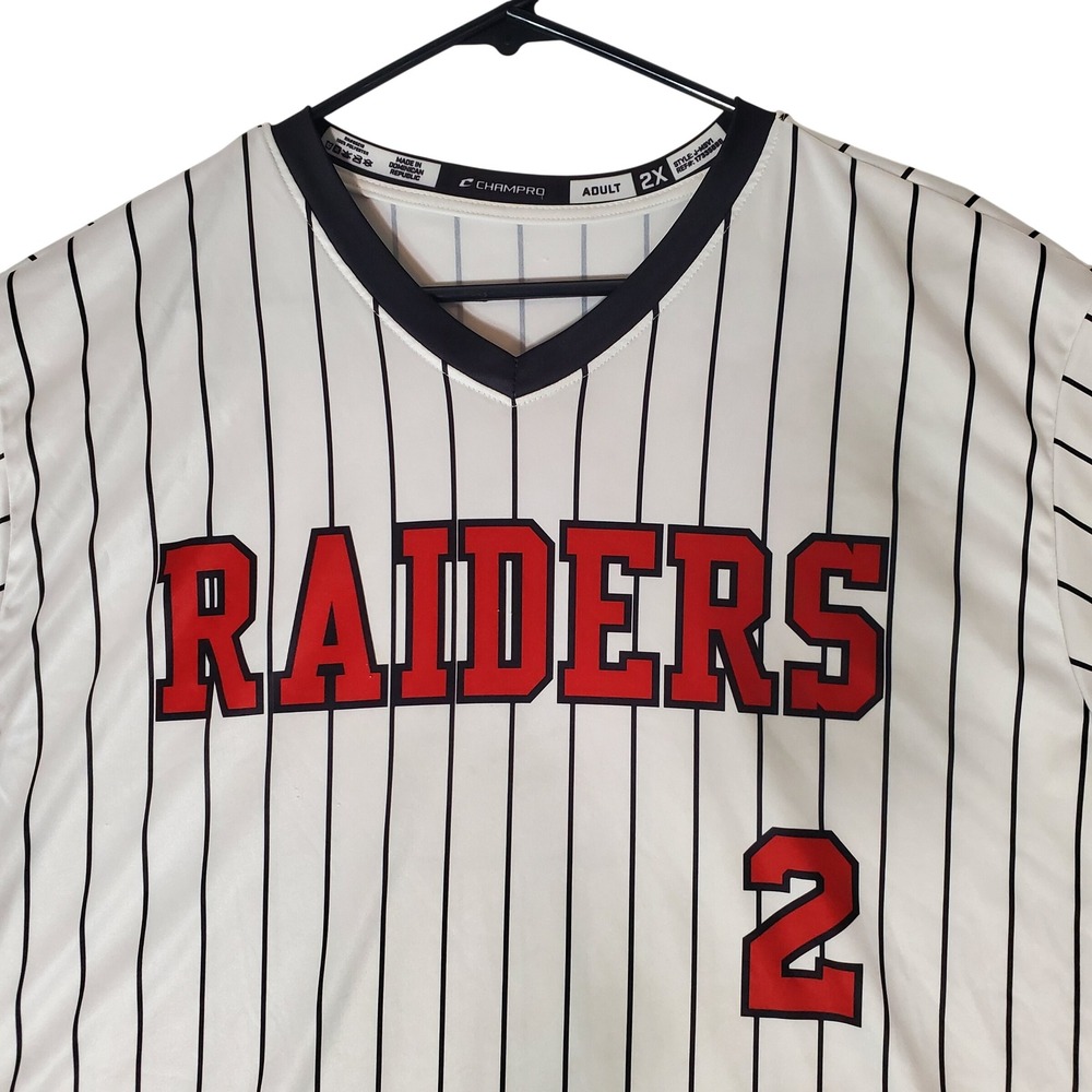 Champro Raiders Baseball Jersey Mens 2X White Black Pinstripe V-Neck J-MSV1